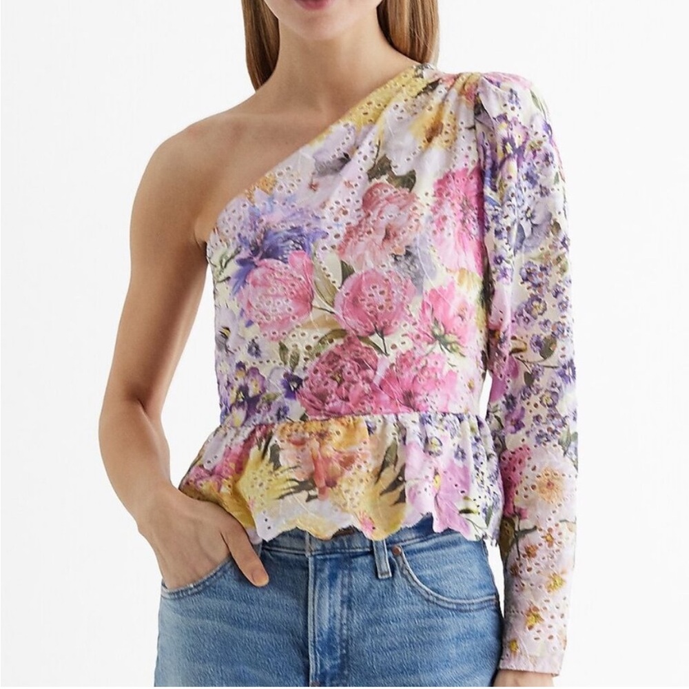 Eyelet Pastel Floral Gathered One Shoulder Peplum Top